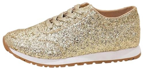 BILIKEYU Sneaker Damen Flache Pailletten Glitzer Atmungsaktive Schnürer Leichte Sportschuhe Turnschuhe Outdoor Laufschuhe Gehen Schuhe Wandersportschuhe gr 40 Gold