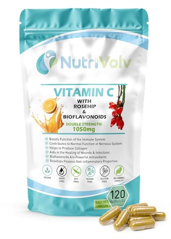 Nutrivolv Vitamin C, Rosehip & Bioflavonoids 1050mg | Vegan Capsules | Joint, Bone & Cartilage Support | Antioxidant for Inflammation & Pain Relief | Immune Support (120 Capsules)