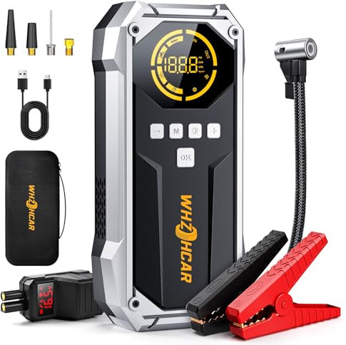 Avviatore Emergenza per Auto 150PSI Compressore 6000A Booster Avviamento Auto 12V Con LCD Jump Start Cavi Di Ponticello Estesi Carica Rapida Torcia a LED