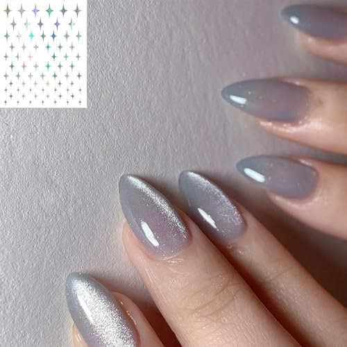 Almond Press On Grey Nails with Cat Eye Design - 24pcs Fake Nails with Nail Tabs, Glossy Full Cover, Removable Nail Adhesive for Women & Girls, Stylish DIY Nail Art