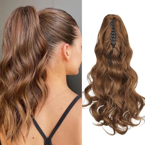 Cybelleza Postiche Queue de Cheval Extension de Cheveux Ondulé Synthétique 45cm Extension de Queue de Cheval Pince à Griffe Bouclés Claw on Ponytail Cheveux Longue, Auburn clair
