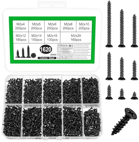 SZSLMY 1620 Pcs M2 Black Oxide Flat Head Self Tapping Screws, Assorted Screws Set, 2mm x 10.5cm, 15cm x 1.5cm, Steel, Standard Thread, UNC