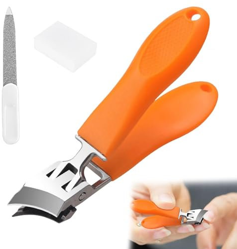Wide Jaw Opening Anti-Splash Slanted Nail Clipper,Oblique Nail Clippers with Rubber Grip,Splash-Proof Curved Nail Clippers,Stainless Steel Toenail Clippers,for Men and Women,with Nail File(Orange)