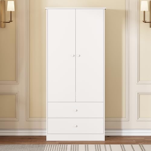 MSMOK Armadio con asta, armadio a 2 ante, 2 cassetti, camera da letto, soggiorno, corridoio, truciolato, bianco