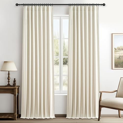 Warm Cream Extra Long Pleated Black Out Curtains 105 Inches Long for Living Room, Natural Linen Blend Patio Door Curtain with Track&Back Tab 2 Panels Set Insulated Privacy Window Drapes (50Wx105L）