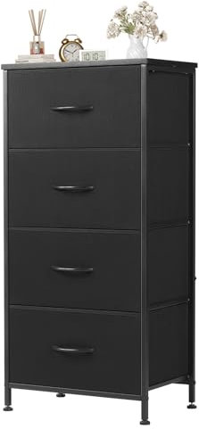 Sweetcrispy Kommode,Sideboard Wohnzimmer für Schlafzimmer mit 4 Stoffschubladen,Einstellbare Füße Schubladenschrank,Komodenschrank für Schlafzimmer,Klassisch Schwarz