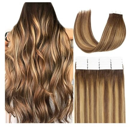 Tape in Haarverlängerungen Tape-In-Haarverlängerungen, natürliches Remy-Echthaar, 16–26 Zoll, Hautschuss, unsichtbar, nahtlos, Ombre-Farbe #4/27, glattes Haar, Tape-In-Extensions Tape in Extensions(26