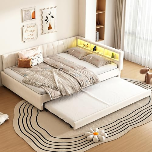 Moimhear Schlafsofa, USB+Typ C Anschluss, LED-Stimmungsbeleuchtung Fernbedienung, mit Ausziehbett, mit Lattenrost (ohne Matratze), Bettwäsche (Beige,Stil 1, 140x200cm)