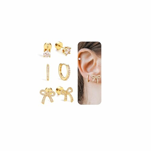 BodyBonita 3 Paia Arco Orecchini a Cerchio Donna - Placcato Argento S925 Piercing Orecchio Perno con Chiusura Piatta Orecchini a Cerchio Placcati Oro 14K/Color Argento con Pendente CZ