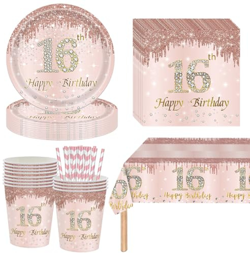 YRsorn 16 Geburtstag Mädchen Partygeschirr - Sweet 16 Partyteller, Pappteller, Becher, Tischdecke, Servietten für Deko 16 Geburtstag Mädchen Tischdekoration für 16 Gäste