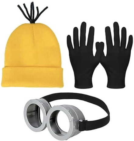 YAPKOLV 3 Stück Halloween Kostüme für Erwachsene und Kinder, Steampunk Brille mit Augen, Gelbe Mütze, Schwarze Handschuhe Set, Halloween Kostüm Zubehör für Karneval Cosplay Party (Gelb, Schwarz)