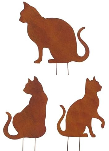 MACOSA PO450257025712_x3 Gartenstecker Katze 3er Set Rost 28 cm Rostig Echtrost Beetstecker Garten-Dekoration Dekostecker Dekokatze Edelrost Gartendeko Blumenstecker