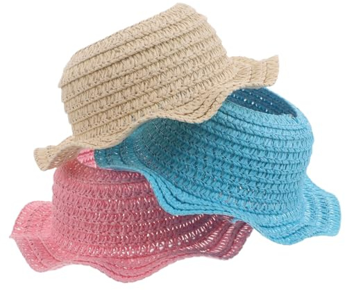 Alasum 3 Stück Kleiner Gehäkelte Strohhüte aus Stroh 17cm Puppen Sonnenschutz Selbstgemacht Bastelaccessoires für Puppenkleidung