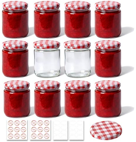 ComSaf Jam Jars with Lids 240ml 12 Pack, Round Glass Jar with Airtight Lid | Red Gingham Lid, Label for Gifting, Homemade Jam, Chutney, Pickles, Marmalade, Preserving, Reusable Mason Jars, Daily Storage