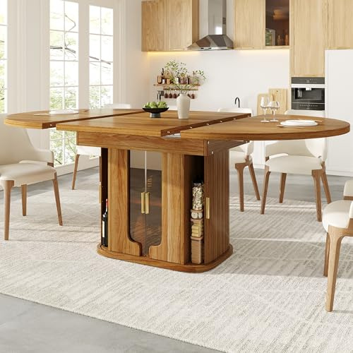 Rosebibi Mesa de Comedor Extensible, Redonda y Extensible a Ovalada, 118-158 cm, Espacio para hasta 6 Personas, Mesa de Comedor con Puertas de Cristal (Nogal 2)
