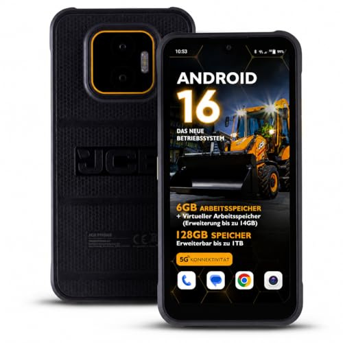 JCB Toughphone E50 Smartphone Rugged 5G Android 16, 6GB RAM 128GB, Batteria 5000mAh, Fotocamera 50MP, NFC, Ricarica Rapida e Wireless, Dual SIM + eSIM, IP68/IP69K, MIL-STD-810H