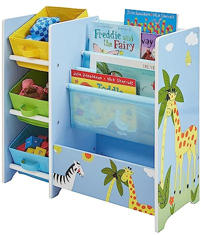 Liberty House Toys TF5007 Safari Book Display with Storage Fabric Bins, Blue, Yellow, Green for 2 Years +