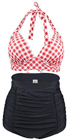 Bslingerie Femme Dos Nu Taille Haute Maillots de Bain Ensembles Deux pièces (M, Damier Rouge)