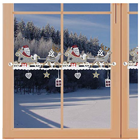 artex deko Weihnachts-Feenhausspitze Rentier-Schlitten MIT WEIHNACHTSMANN Spitzenkante für Scheibengardinenstangen Echte Plauener Spitze