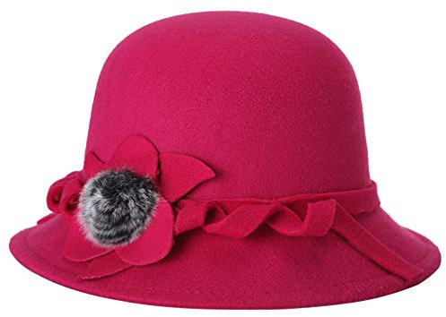 Vintage Cloche Fischerhut mit Blume faltbar Filz Kirche Bowler Hut, 2-Rose Red, Einheitsgröße