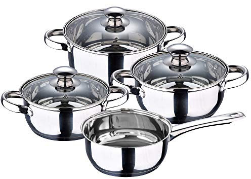 San Ignacio Batería de cocina 7 piezas Cazo sin tapa Ø16 (1.5L) / Cacerola Ø16 (1.5L) Cacerola Ø18 (2.0L) Cacerola Ø20 (3.0L), acero inoxidable, inducción, Color Plateado