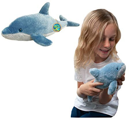 EcoBuddiez - Delfin von Deluxebase. Kleines 26cm weiches Plüschtier aus recycelten Plastikflaschen. Umweltfreundliches kuscheliges Geschenk für Kinder und süß Stofftier für Kleinkinder.