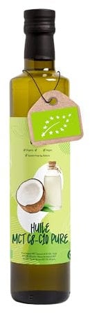Huile de Coco MCT C8 C10 Bio Pressé à Froid 60% C8 40% C10-500ml. Huile MCT Bio de Noix de Coco Naturel et Pur pour Utilisation Keto Paleo sur le Corps ou les Cheveux. Coconut Oil Organic MCT.