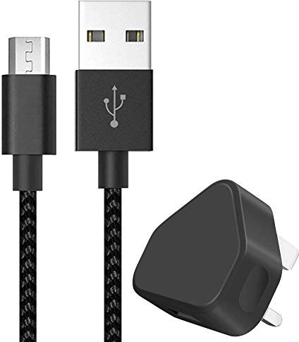 3 Pin UK USB Mains Wall Charger & [1Pack 3M] MicroUSB Cable Extra Long Durable Braided Charging Micro USB Data Sync Cord compatible with Samsung Galaxy Core Prime - BLACK