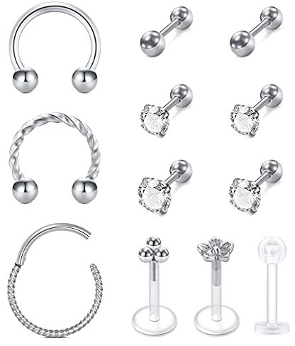 Rajnard 12 STK Helix Tragus Piercing Silber Cartilage Ohrstecker Ohrring Chirurgenstahl Knorpel Ohrpiercing 16G CZ Lippenpiercing Barbell Piercing Labret Monroe Schmuck Damen Männer