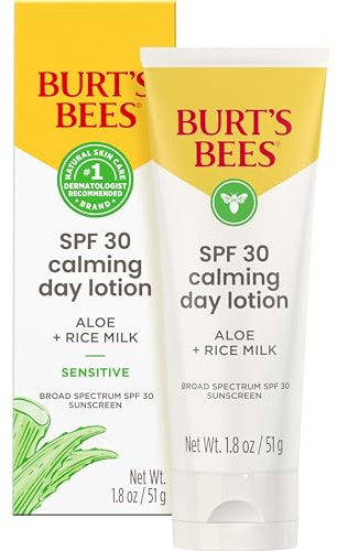 Burt's Bees SPF 30 Calming Day Face Lotion With Aloe and Rice Milk for Sensitive Skin, Sunscreen Face Lotion Soothes Redness and Irritation, 99.4 Percent Natural Origin Skin Care, 1.8 oz. Tube