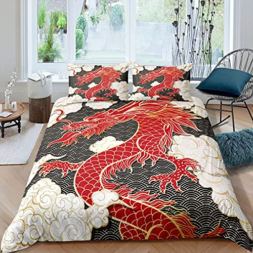 Drachen-Bettwäsche-Set, japanische Wellen, Bettdeckenbezug für Kinder, Jungen, Mädchen, Teenager, Erwachsene, Tierwolke, Bettbezug, orientalische Skizze, Ozean, Bettbezug mit Reißverschluss,