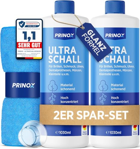 PRINOX Ultraschallreiniger Konzentrat 2x 1030ml inkl. 1x Mikrofasertuch I Extrem ergiebig für 700 Bäder je Flasche - Für Brille, Schmuck, Gebiss, Kleinteile - Ultraschallgeräte, Ultraschallbad