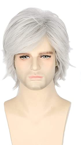 Topcosplay Women or Men Wig Grey Short Layered Fluffy Cosplay Halloween Wigs