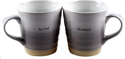 SiL Interiors Pottery Style Mugs - Grey/Black - Be Kind/Happy (Set Of 2)