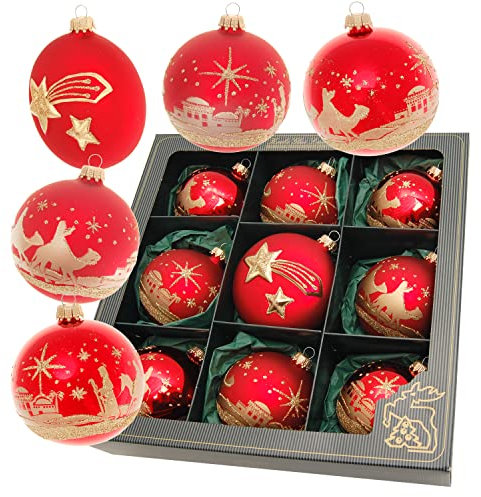 Krebs Glas Lauscha - Weihnachtsdekoration/Christbaumschmuck aus Glas - Weihnachtskugeln - Motiv: Heilige Nacht - 9 Stück - Größe: ca. 8 cm