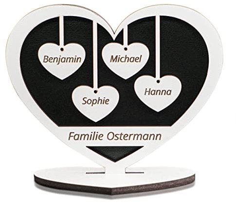 Munera Design – Herz mit Ständer und Gravur, individuelles Geschenk – Wunschtext 4 Namen - Größe 15x12x9cm