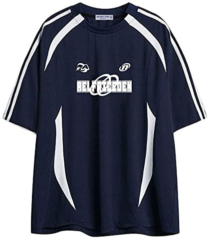 Aelfric Eden Herren Sommer Fußball Shirt Damen Oversized Rundhals Kurzarm Vintage Raglan Jersey Basic Tshirt mit Stripes Casual Oberteile Streetwear Blau, L