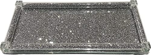 LondonMart Glass Crushed Diamond Fully Trimmings Crystal Filled For Tea Coffee Sugar Crushed Kitchen Tray Crushed Diamond Display Gift Present For All Occasion Home, Kitchen Decor (FULLY SILVER_TRAY)