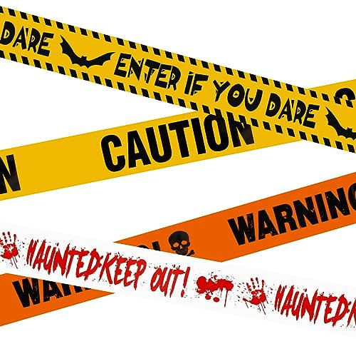 SUNYOK Halloween Warnband 4pcs Gefahr Warnung Absperrband Halloween Deko Warnbänder 9.1M Gruselige Caution Tape Schrägband Bündel für Halloween Outdoor Gefahrenbereiche Garten Zombie Party Horror Deko