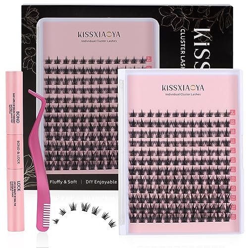 Cluster Eyelash Extensions Kit, 144Pcs D Curl Mix 9-15mm Spire Wheat Wide Stem Lashes with Lash Bond & Seal & Applicator, Soft Natural False Eyelashes, DIY Individual Lashes at Home(Spire Wheat Kit)