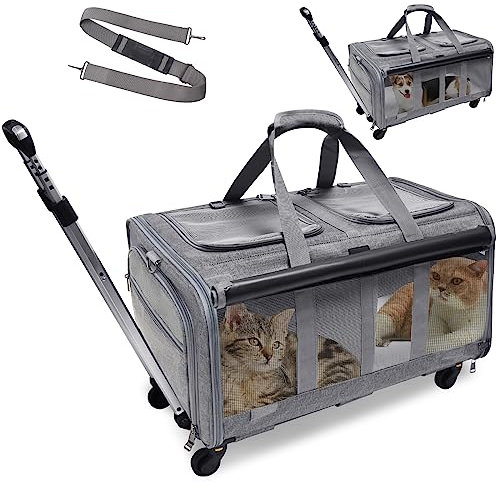 GOYJOY Double-Compartment Pet Rolling Carrier with Wheels for 2 Pets,for Up to 35 LBS,Cat Rolling Carrier for 2 Cats,Super Ventilated Design,Ideal for Traveling/Hiking/Camping