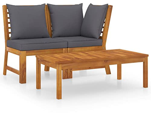 Homgoday Gartensofa-Set, 3 Stück, Kissen dunkelgrau, Akazienmassiv, Sofas für den Außenbereich, für den Garten, Sofa für Wohnzimmer, Garten, Terrassensofa, Gartenmöbel