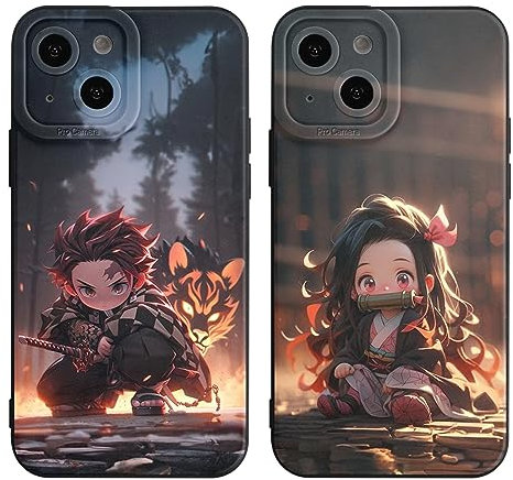 2 Stück Handyhülle für Apple iPhone 15 PRO Hülle 6.1'', Anime Motiv Kamado Nezuko Tanjirou Manga Muster Schutzhülle Jungs Case Schutz der Linse Design Silikon Cover Stoßfest, Schwarz1