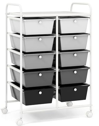 COSTWAY Rollwagen mit 10 stapelbaren Schubladen, Schubladenwagen Rollcontainer mit Metallgestell und Ablagefläche, Badrollwagen Aufbewahrungswagen für Büro, Wohnzimmer, 65,5 x 37 x 87 cm