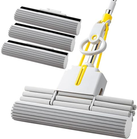 Mocio in Spugna, Lavapavimenti, Mocio Autostrizzante Scopa Lavapavimenti, Scopa in Spugna Grande con Rullo A Tre File da 38cm, Palo in Acciaio Inox Lungo 135cm,Pulizia Pavimenti(3 Heads)