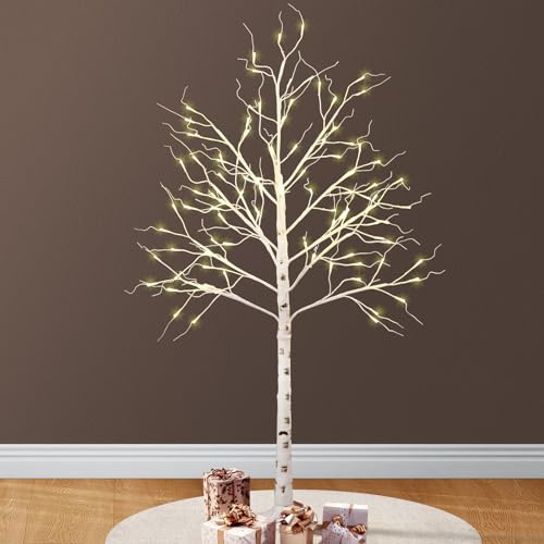 VINGLI 4ft Pre-lit Artificial Christmas Birch Tree with 48 Warm White Lights, Xmas Twig Tree Holiday Party Decorations with Sturdy Metal Stand