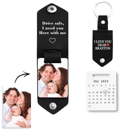 Schlüsselanhänger Personalisiert mit Foto Text Kalender Gravur, Leder Schlüsselanhänger klappbar Geschenke für Männer Freund Papa Vater Partner (Schwarz)