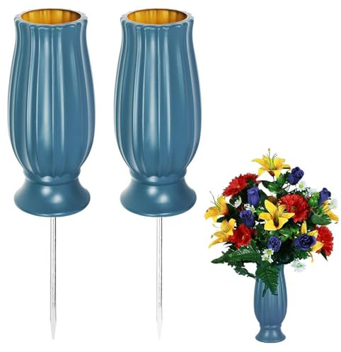 Jadin Grabvase mit Erdspieß, Grabvase, 2er Pack Gedenkvasen für Gräber, Grabdekoration aus Kunststoff mit 2 Ähren, Grabschmuck für Grabstein Grab Garten Hof, Blau, 20 x 10 cm