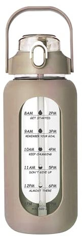 Bouteille d'Eau en Verre Borosilicate - 1000ml, Gourde Sport avec Paille, Marquage de l'heure, sans BPA, Anti-fuite, Bouteille étanche pour École, Voyage, Camping et Randonnée, Bureau, Sport (Brun)