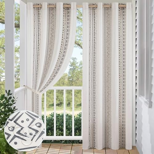 BTTO 2 Panels Outdoor Curtains for Patio Waterproof, Bohemian Pergola Curtains, Blackout Thermal Insulated Grommet Curtain for Gazebo, Porch, Indoor Living Room, Bedroom